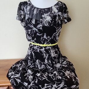ALEX MARIE Black and White Floral Dress with Neon  Yellow Belt
